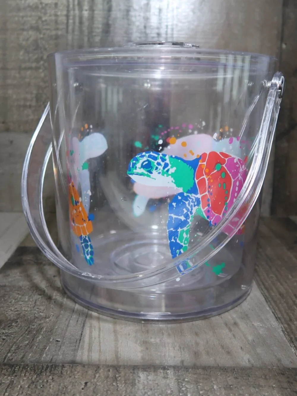 Vintage Lucite Tropical Sea Turtle Ice Bucket with Handle Clear Lid Acrylic